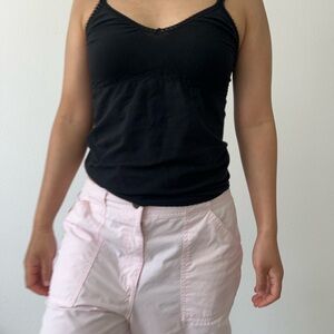 Casual Black Ribbed Tank Top with Lace Trim